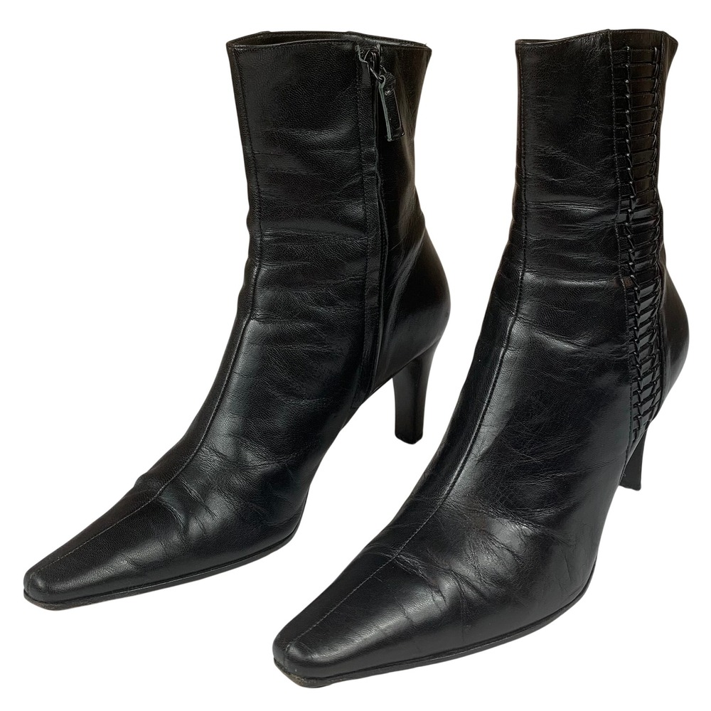Antonio Melani Black Leather Pointed Toe Stiletto Ankle Boots Womens 8.5M